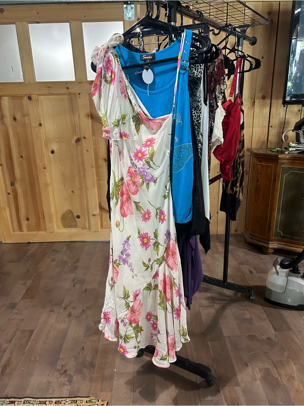 One-Shoulder Floral Maxi Dress - White with Pink & Green